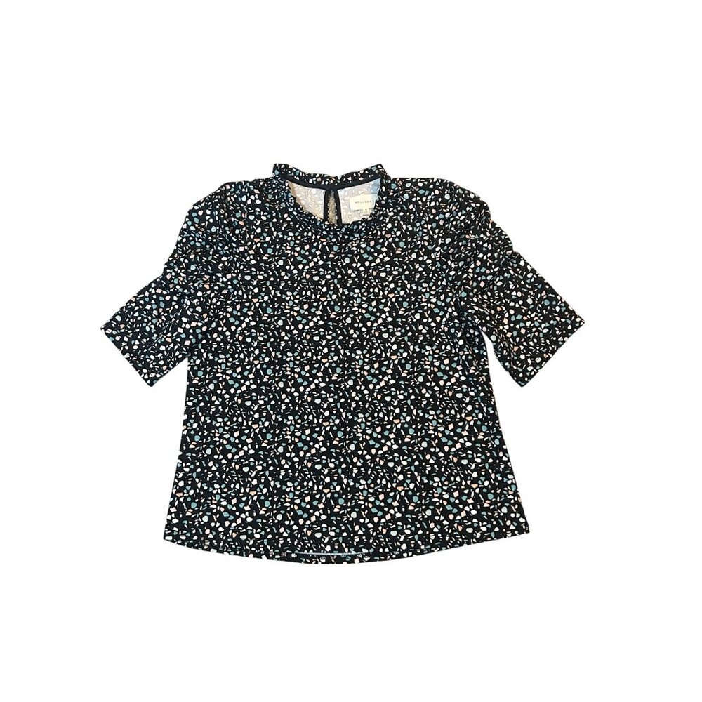 Melloday Black Multicolor Abstract Print Short Sleeve Blouse S 1742